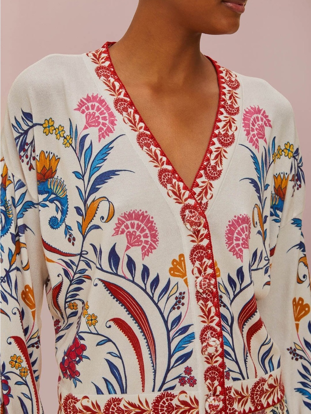 FARM Rio Ivory Cardigan with Red Trim and Pink Floral Accents - Picture 3 of 6